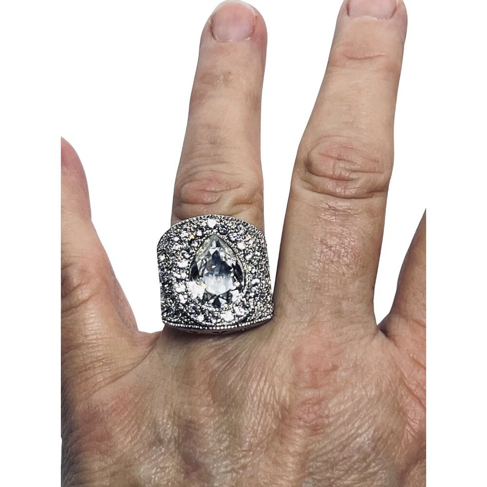 Silver Tone Tear Drop Clear Rhinestone Adjustable Statement Ring (R468) - Picture 6 of 6